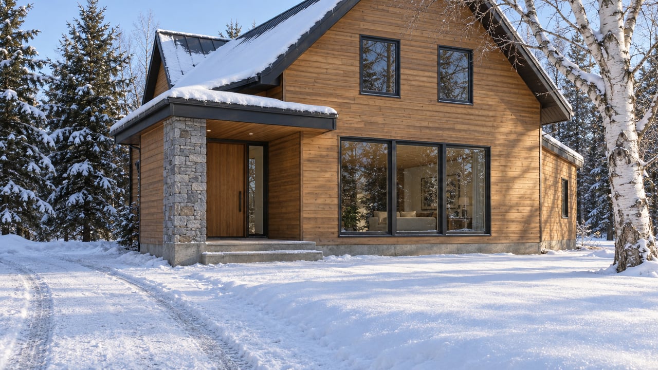 Snowy driveway leading to a cedar-and-stone home with dark-framed windows, a metal gable roof, white-barked birch and spruce trees.