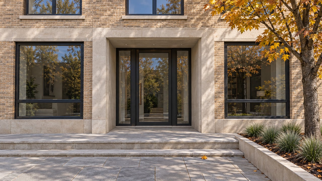 Buff brick attached residence with limestone entrance, dark steel windows and an autumn maple beside its stone court.