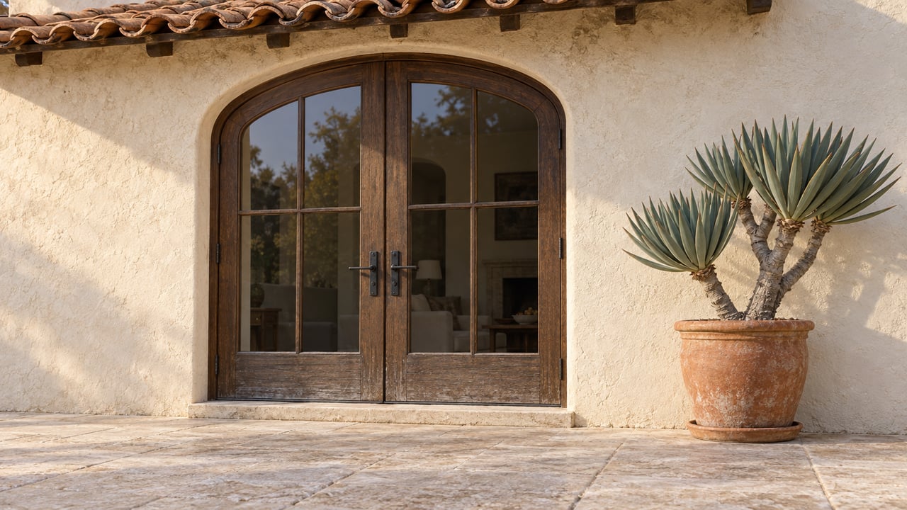 Cream stucco terrace facade with arched oak-and-glass double doors, weathered terracotta roof tiles and a sculptural aloe in a clay planter.