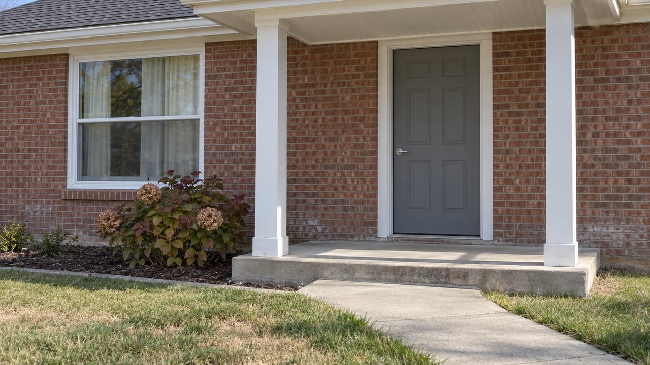 Sunlit brick home entry with white porch posts, a gray door, concrete steps and an oakleaf hydrangea beside the lawn.