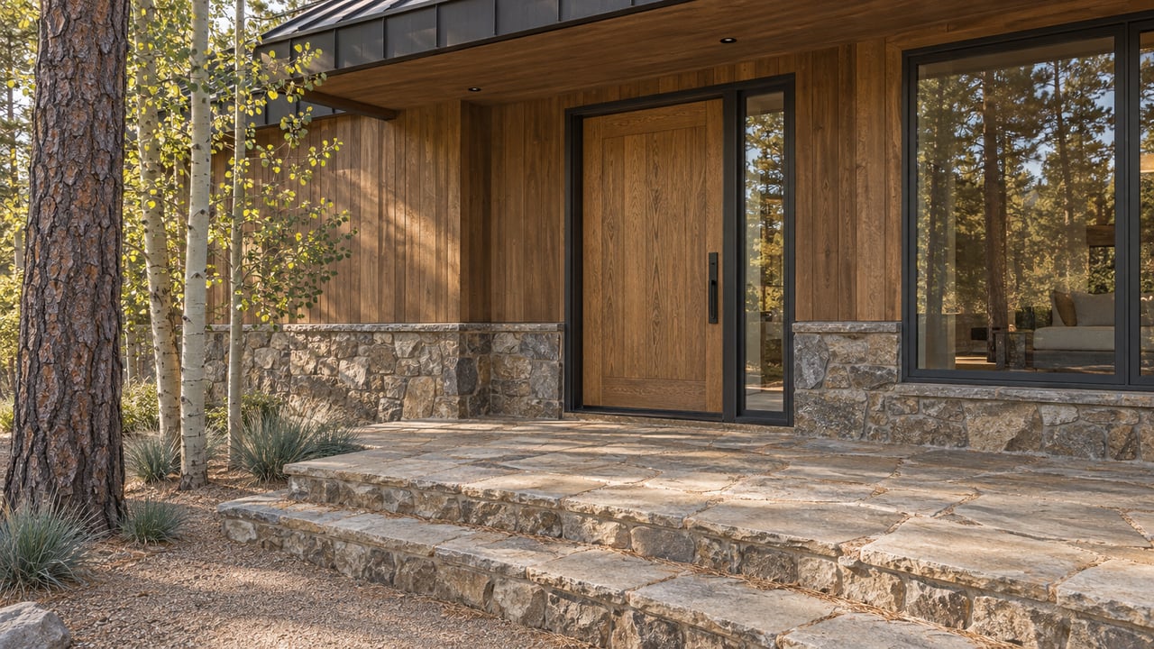 Recessed oak entry door in a cedar-and-stone home, with flagstone steps and pine trunks nearby.