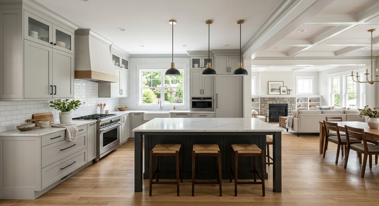 Move-in-ready kitchen with a gray shaker island, veined quartz counters, black faucet, and stainless range.