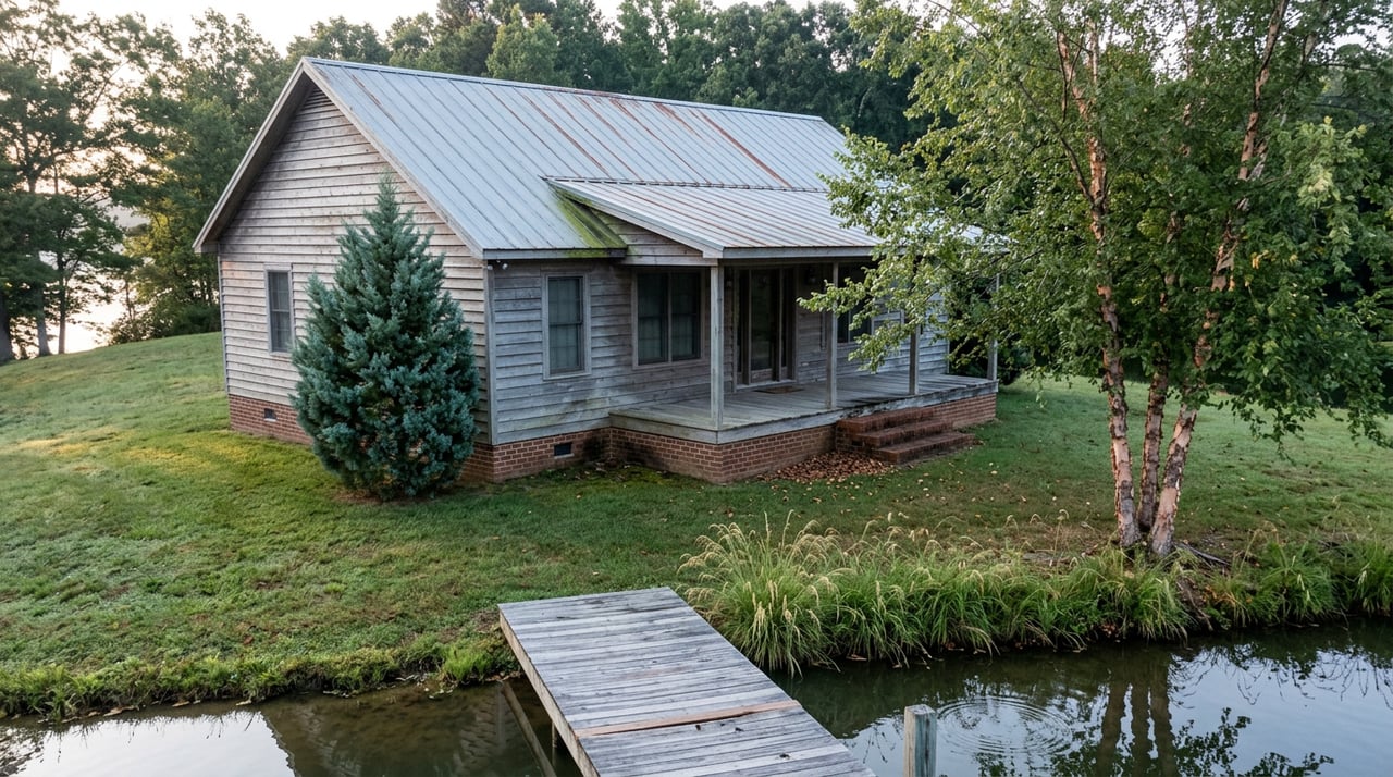 Silver-gray lakeside cottage with a metal roof, sloping lawn, wooden dock, and birch tree beside calm water.
