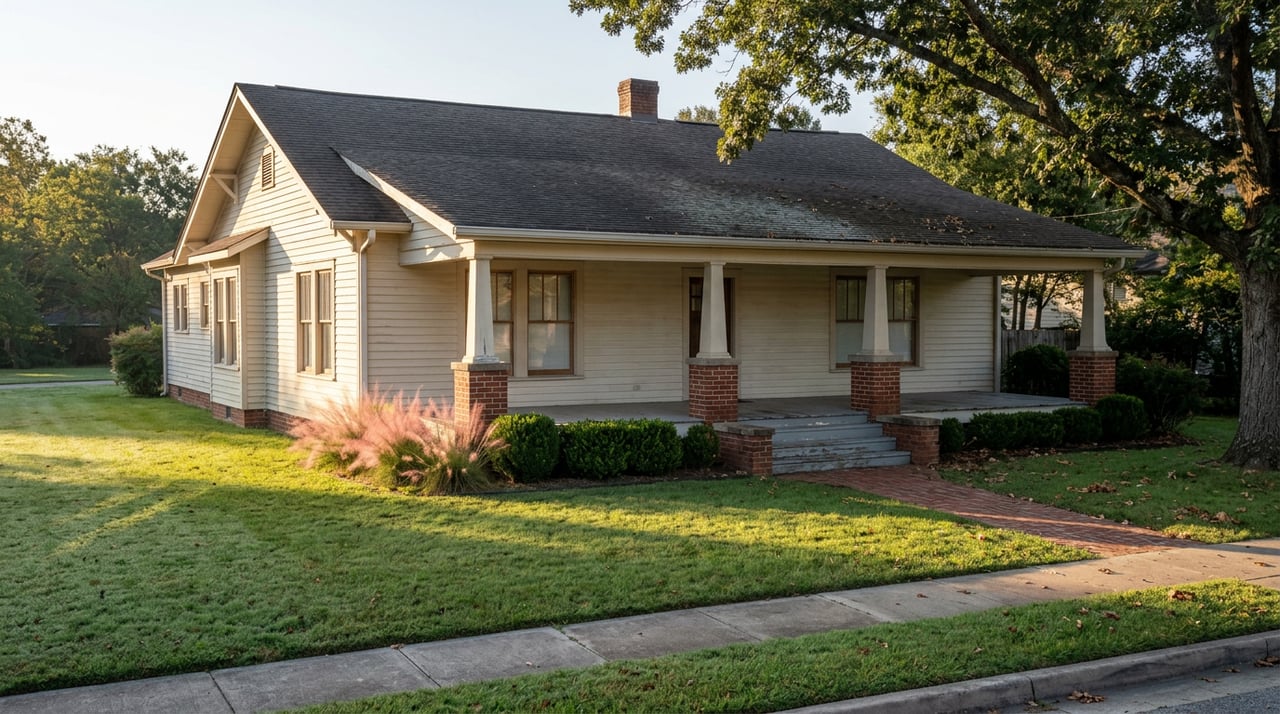 Cream-sided craftsman home with deep porch, brick walkway, and broad oak shading the lawn.