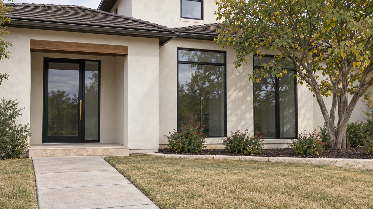 Warm stucco home with a recessed glass entry, tall black-framed windows, a limestone-edged garden and an autumn redbud beside the front lawn.
