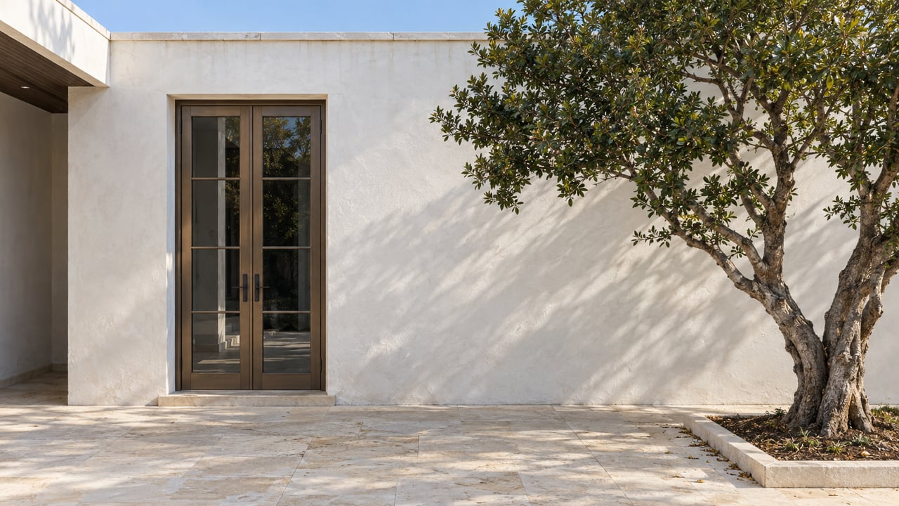 White plaster courtyard with bronze-framed French doors, limestone paving, and a multi-stem tree in a curbside bed.