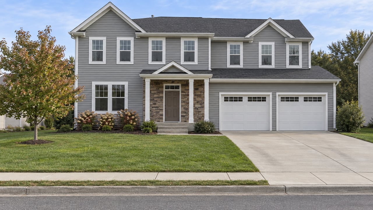 Gray two-story gabled home with white trim, attached two-car garage, a deep green front lawn and early autumn flowering dogwood.