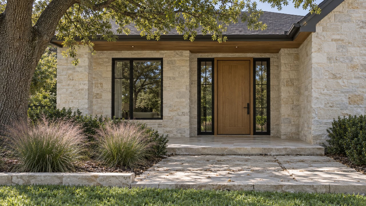 Limestone porch with oak front door, matching glass sidelights, and mature oak canopy overhead.