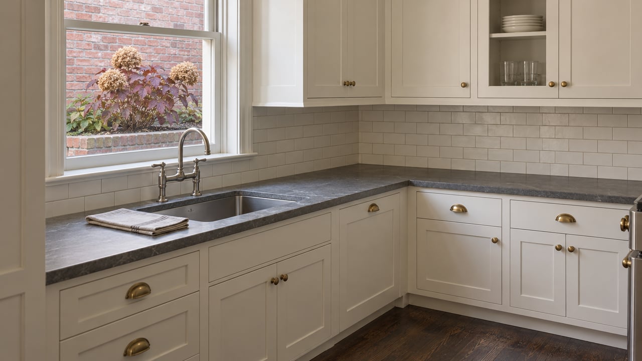 White Shaker kitchen with soapstone counters, dark oak flooring and autumn hydrangea foliage beyond a closed window.