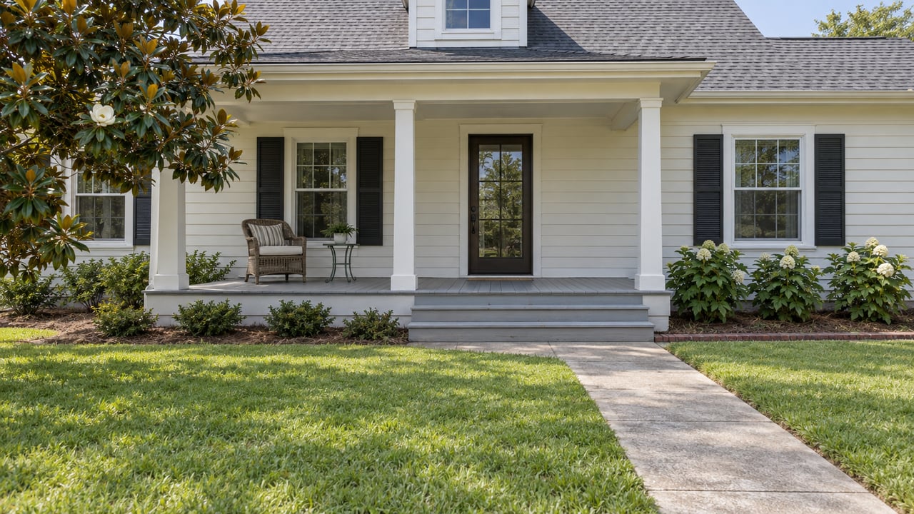Ivory lap-sided home with a raised shaded porch, gray gabled roof, deep green lawn and a concrete front walk.