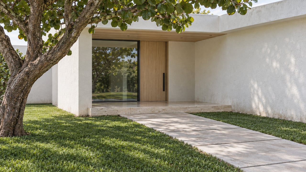 Contemporary white home with a sheltered wood entry door, dark-framed window and pale concrete walk crossing a lawn beneath a sea-grape tree.