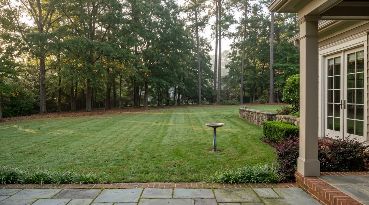 Dewy back lawn with mower stripes, a copper birdbath, and a mature tree line beyond a brick porch pier.