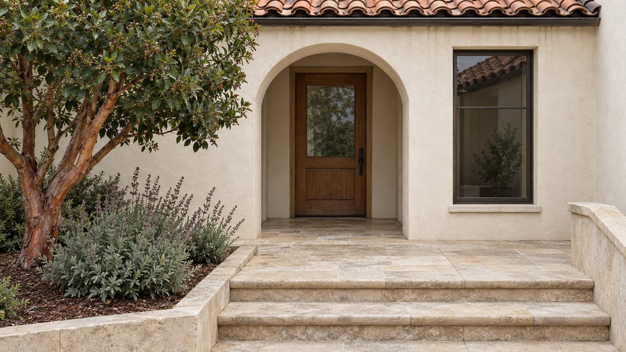 Cream stucco hillside home with a clay tile roof, recessed oak-and-glass entry, limestone steps and a mature strawberry tree.