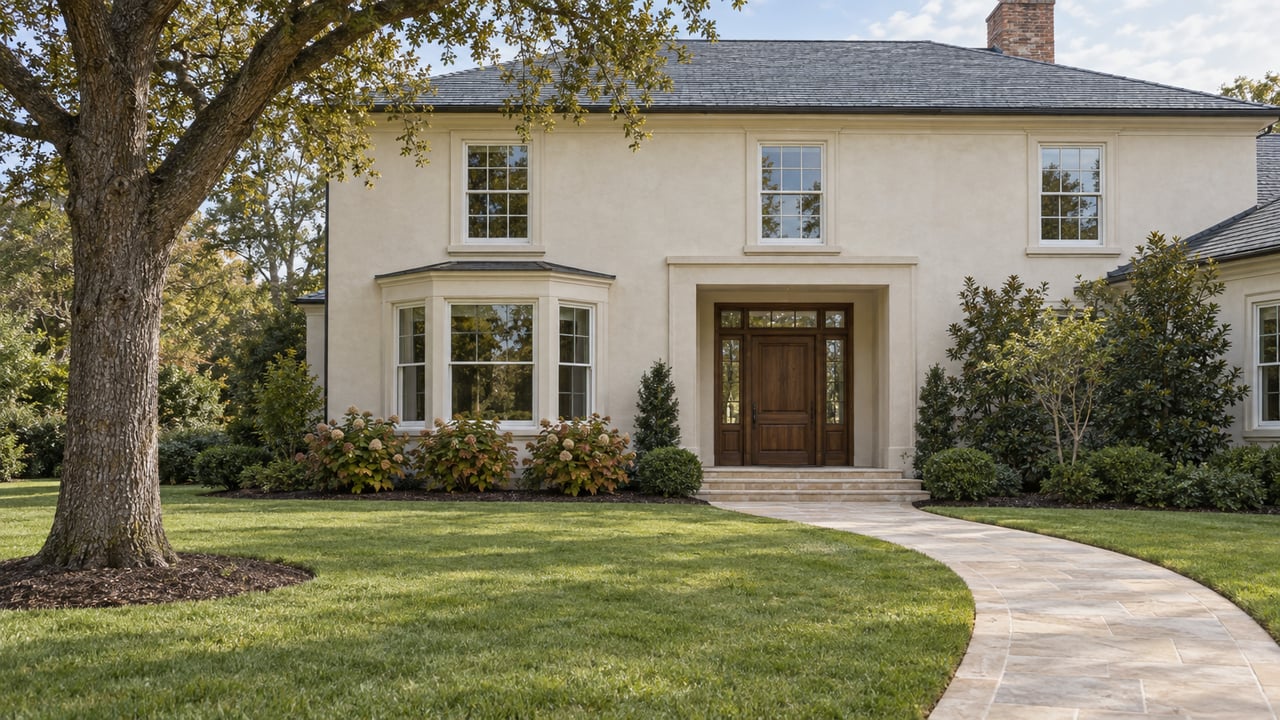 An established ivory-stucco estate beyond a deep lawn, with a curved limestone approach, bay window, and mature oak.
