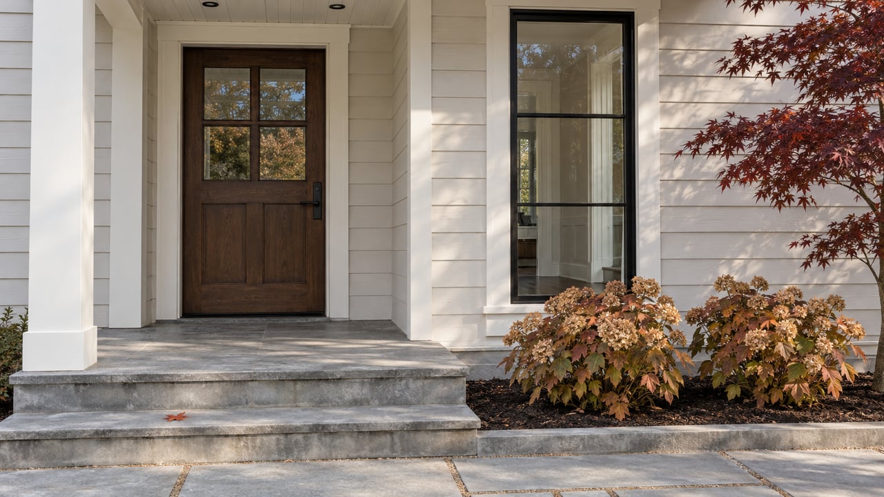 White-trimmed residential entrance with a dark oak door, tall glazed window, limestone steps and burgundy autumn planting.