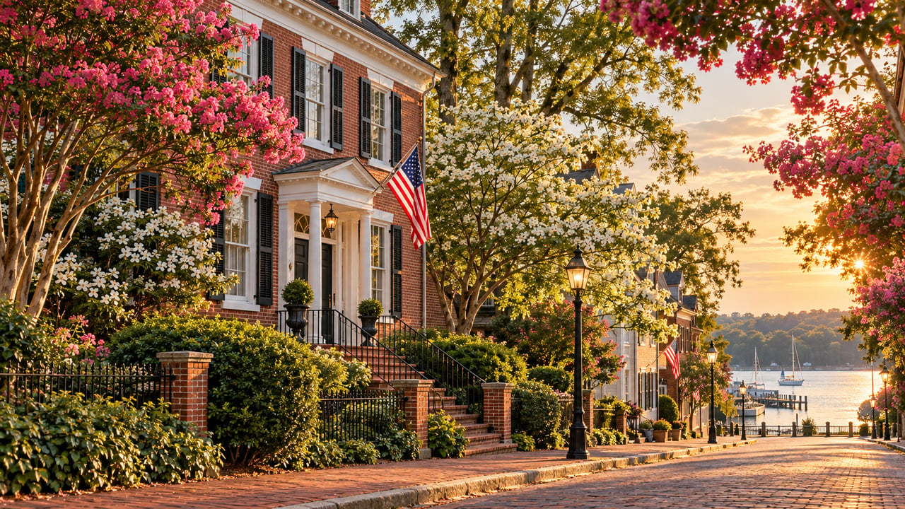 Brick waterfront streetscape with flowering trees, historic brick buildings, and sailboats at sunset.