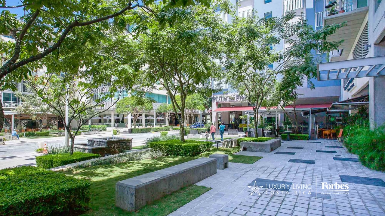 Pedestrian plaza with tiled walkways, landscaped seating, mature trees, and modern surrounding buildings.
