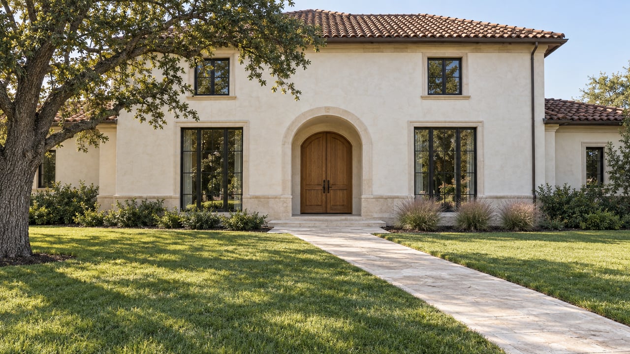 Light stucco home with a recessed arched oak entry, dark-framed windows, a limestone approach and a broad lawn beneath a mature oak.