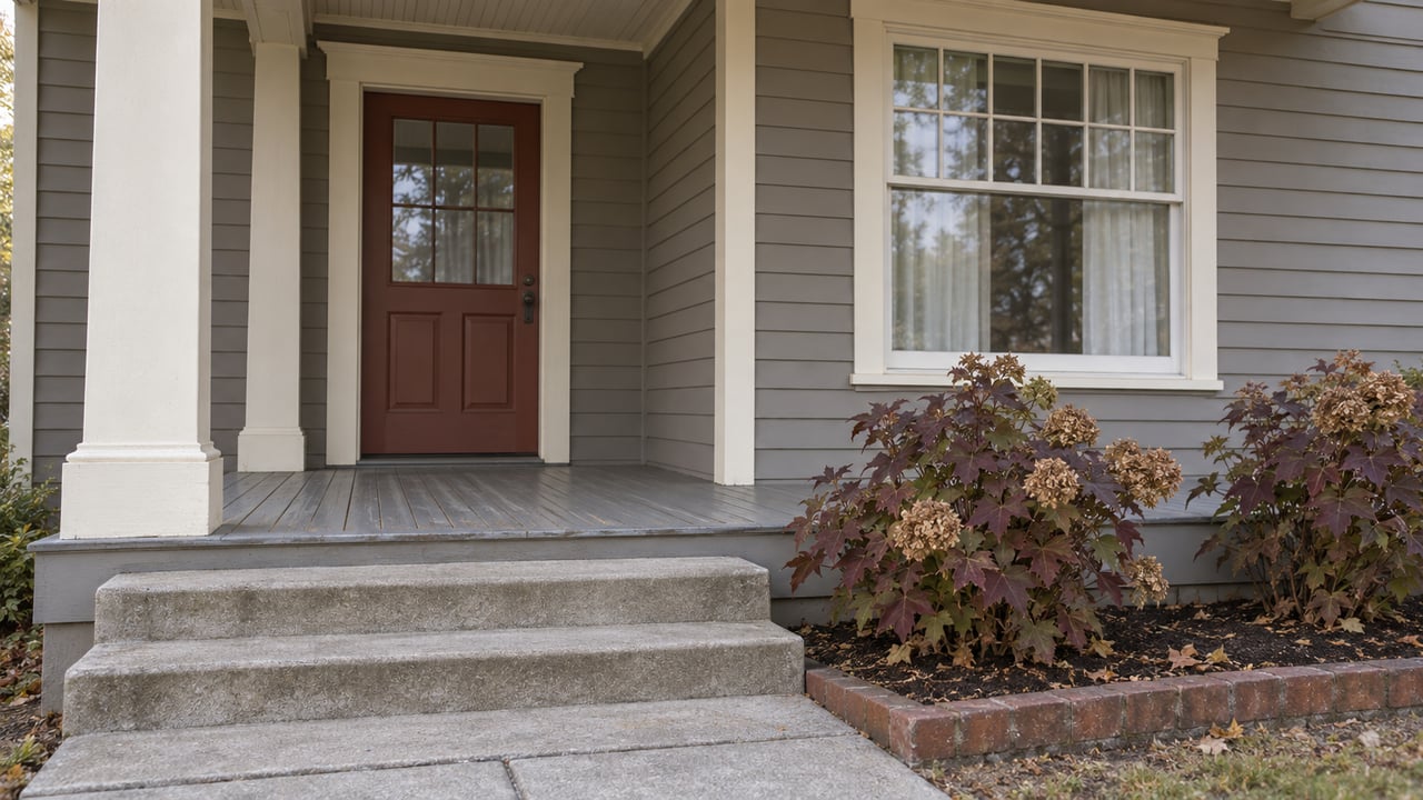Gray clapboard cottage with cream window trim, a muted red front door, concrete porch steps and autumn oakleaf hydrangeas.