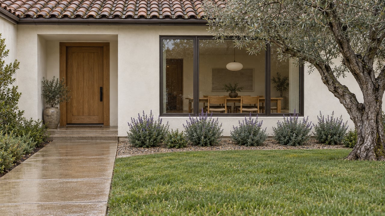 Rain-softened morning light on a stucco home with a clay-tile roof, oak entry door, dining-room window and sculptural olive tree beside a deep garden approach.
