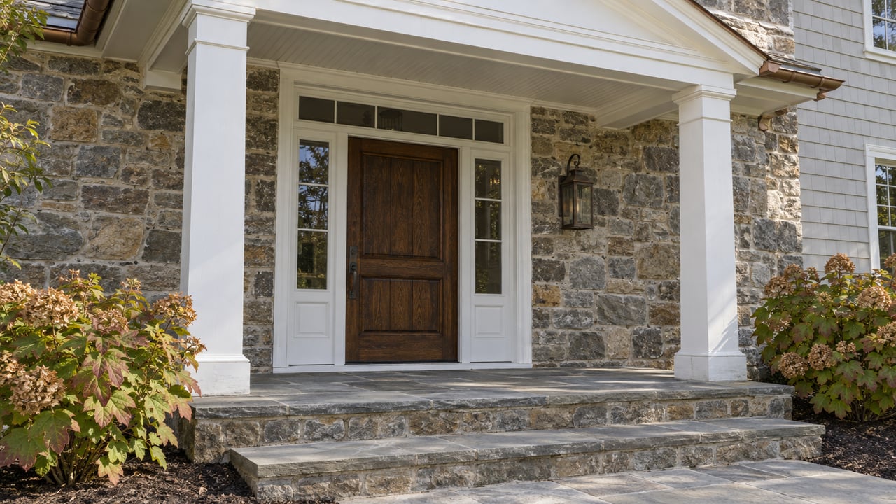Covered entrance with weathered fieldstone, white timber columns, a dark oak door and bluestone steps beside oakleaf hydrangeas.