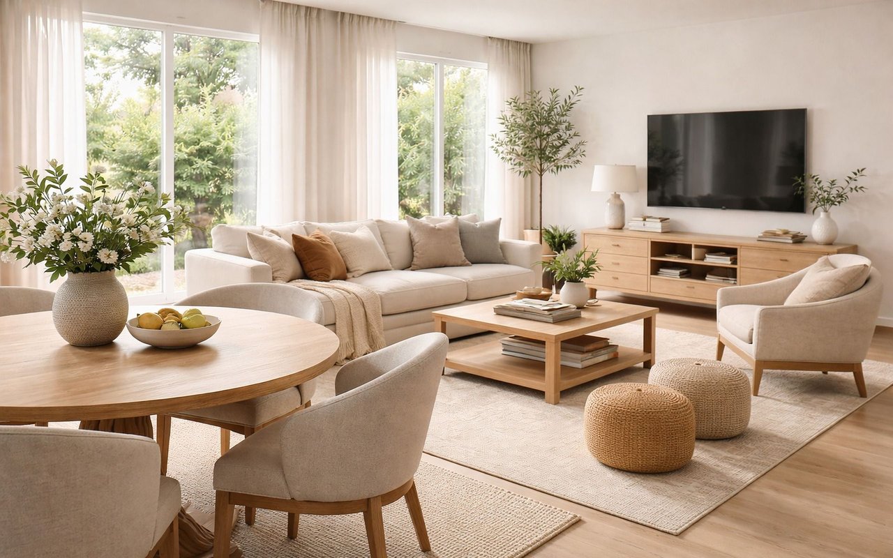 Bright living room with a cream sofa, light wood furniture, and large windows overlooking greenery.