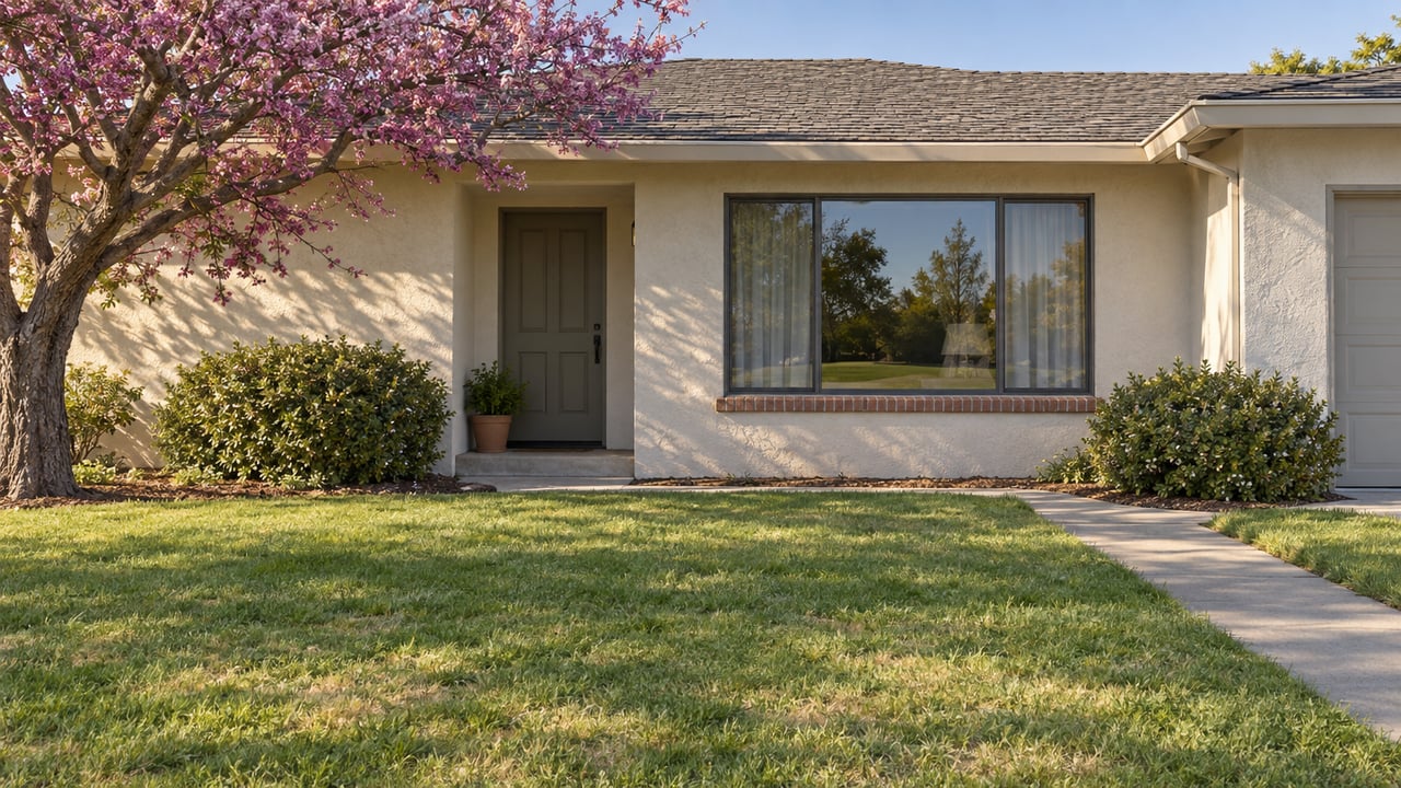 Single-story stucco house with a recessed front door, broad window, deep lawn, and concrete walkway.