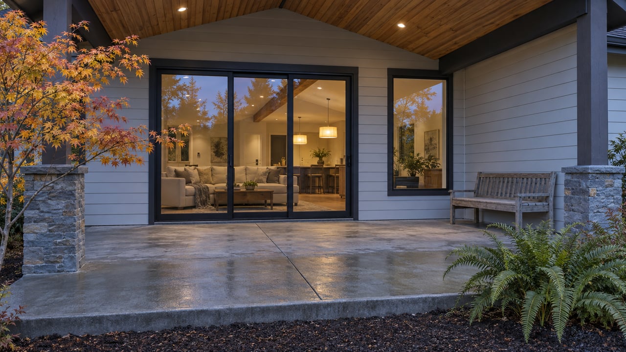 Covered patio with cedar gable, gray siding and closed black-framed glass doors glowing warmly beside autumn vine maple foliage.