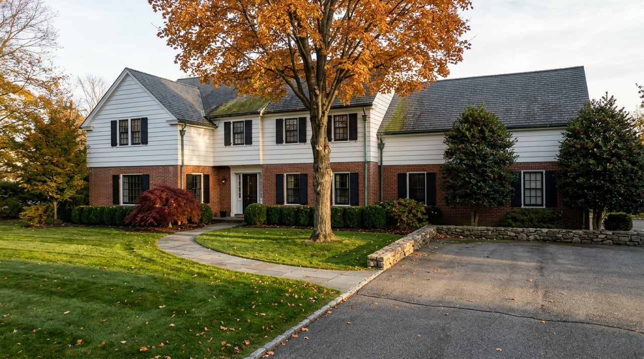Brick-and-white clapboard Colonial behind a broad lawn, with an amber sugar maple and low fieldstone wall.