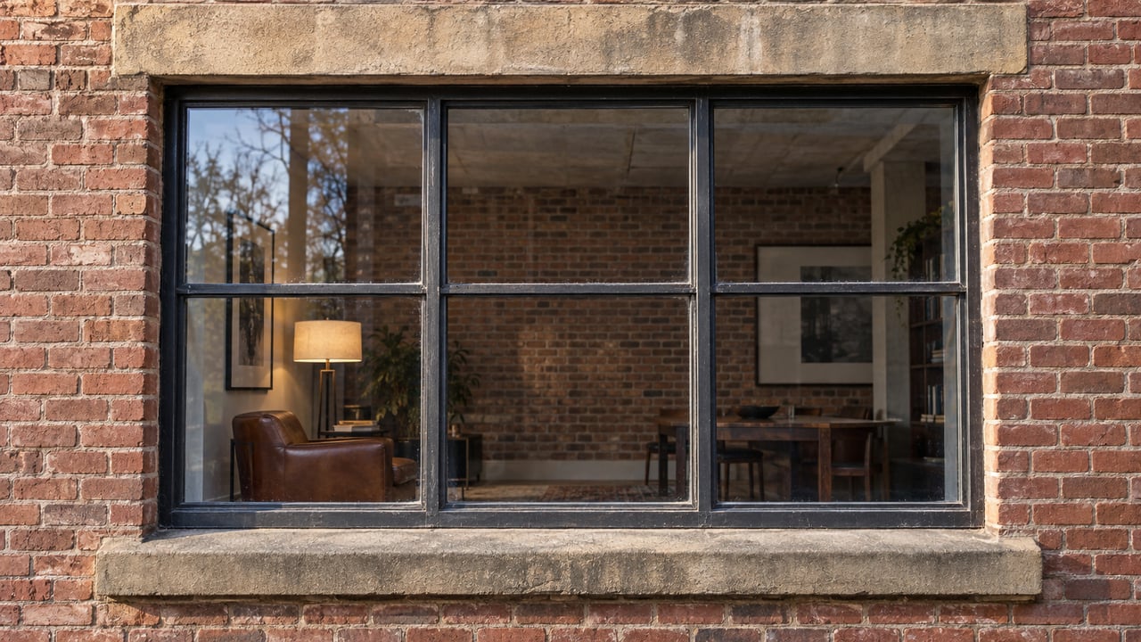 Morning light grazes weathered red brick and a sandstone-framed steel loft window, revealing a softly lit residential interior.