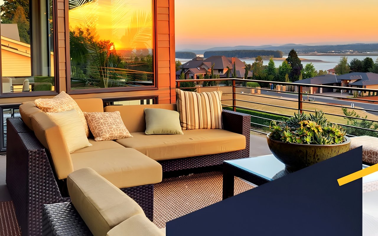 Outdoor patio with cushioned wicker seating, a succulent planter, and a sunset water view.