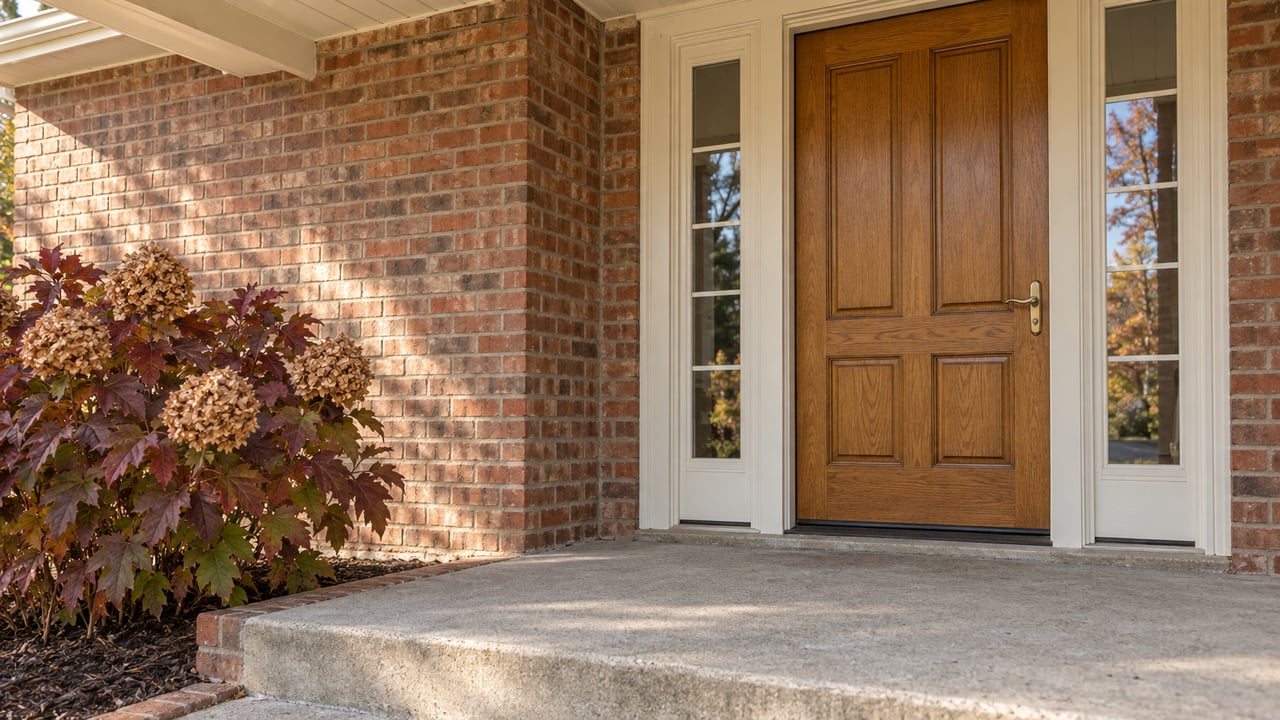 Sunlight across a brick home's oak front door, paired sidelights, and weathered concrete porch beside an autumn oakleaf hydrangea.