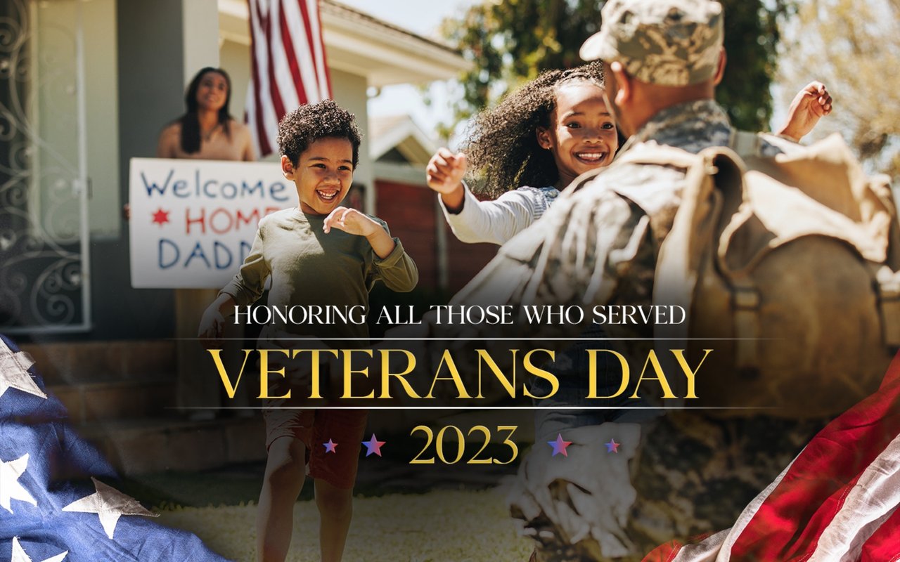 Veterans Day 2023 graphic honoring service members, with a family welcoming a uniformed father home.