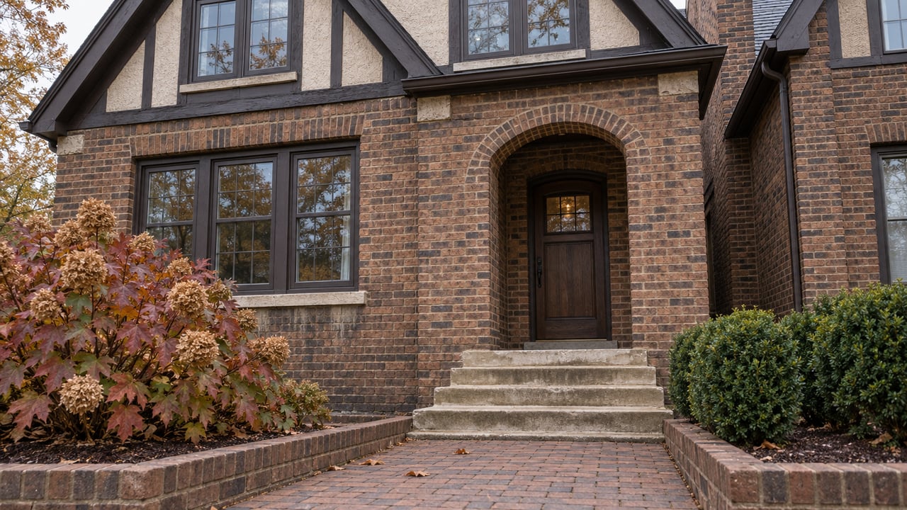 Attached brown-brick home with a cream gable, arched oak entry, weathered limestone stoop and small autumn planting beds.