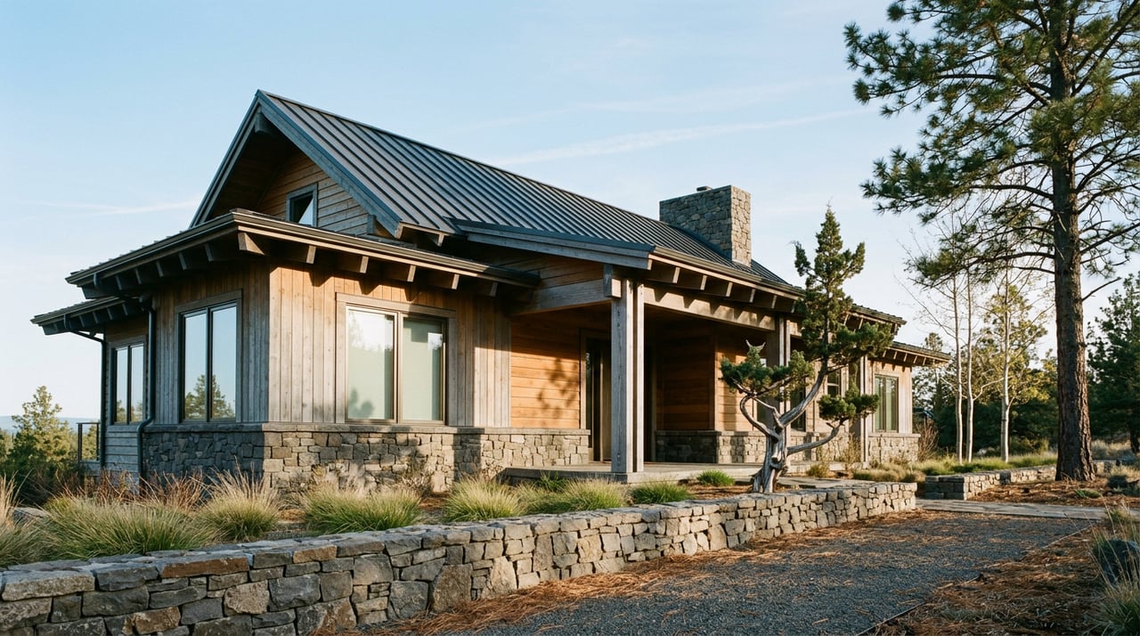 Custom cedar-and-stone home with a steep dark roof, recessed porch, gravel path, and sculptural juniper.