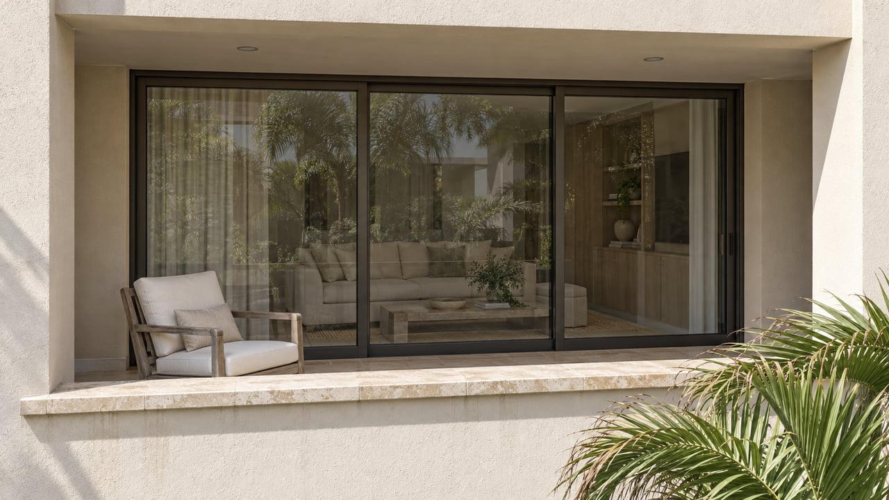 Close exterior view of an ivory stucco condominium balcony with limestone trim, bronze-framed glass doors, a teak chair, and palm fronds.