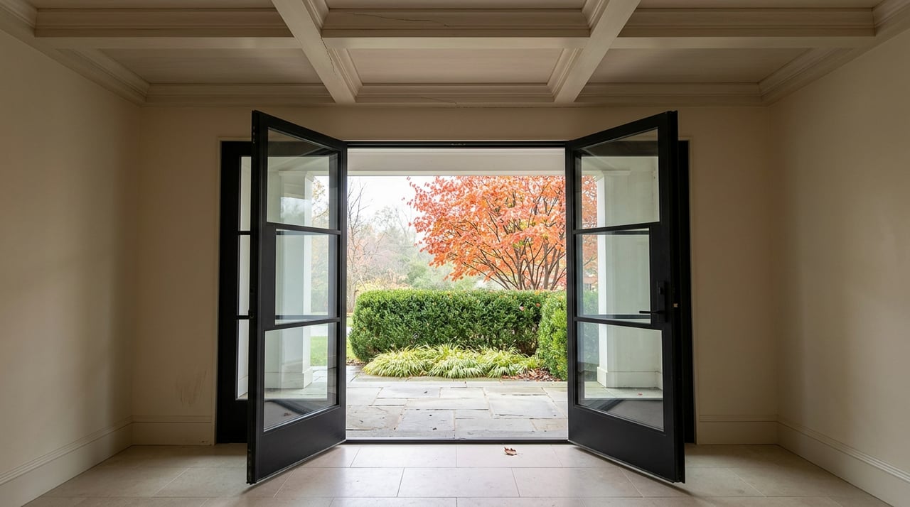 Open black-framed French doors reveal a bluestone landing, clipped hedge, and orange-red serviceberry tree.