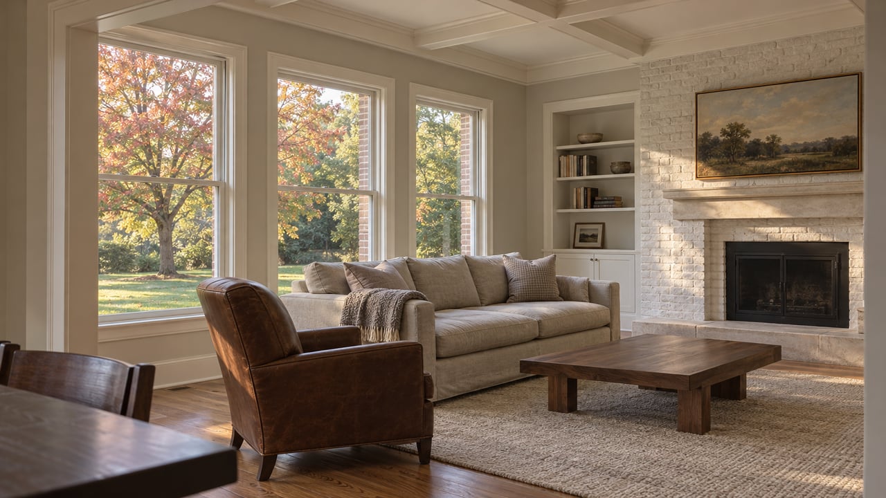 Airy living room with an ivory coffered ceiling, whitewashed brick fireplace, oak floors and tall windows overlooking an autumn maple.