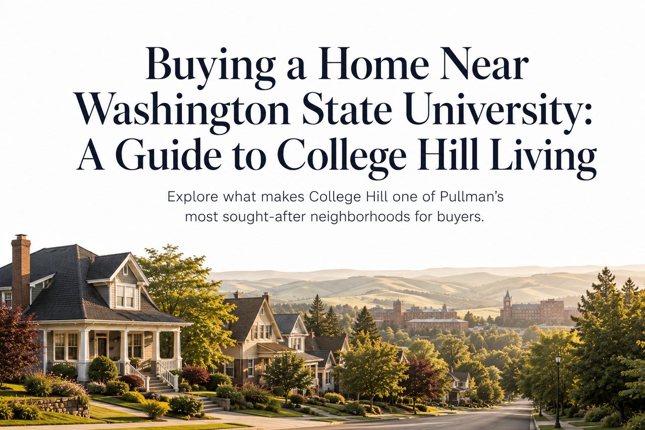 Clean editorial-style graphic featuring College Hill and Washington State University-inspired architecture for homebuyers considering Pullman, Washington.