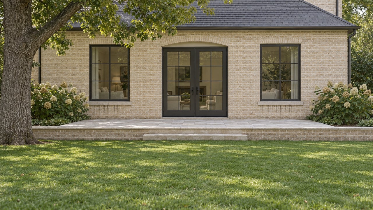 Pale brick home's rear facade with glazed doors, limestone terrace, broad lawn, oak tree, and fading hydrangeas.