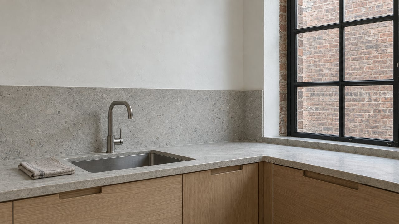 Close view of a limestone kitchen counter, light oak cabinets and a black steel window facing weathered brick.