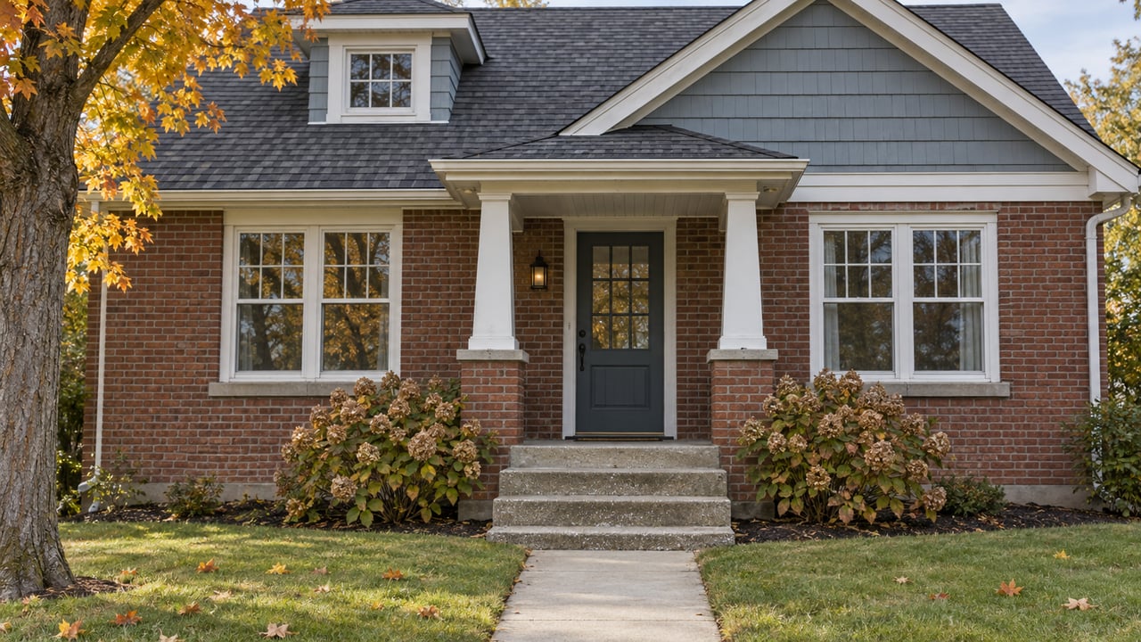 Brick bungalow with blue-gray clapboard gable, white porch columns, autumn maple and a concrete walk across a small front lawn.