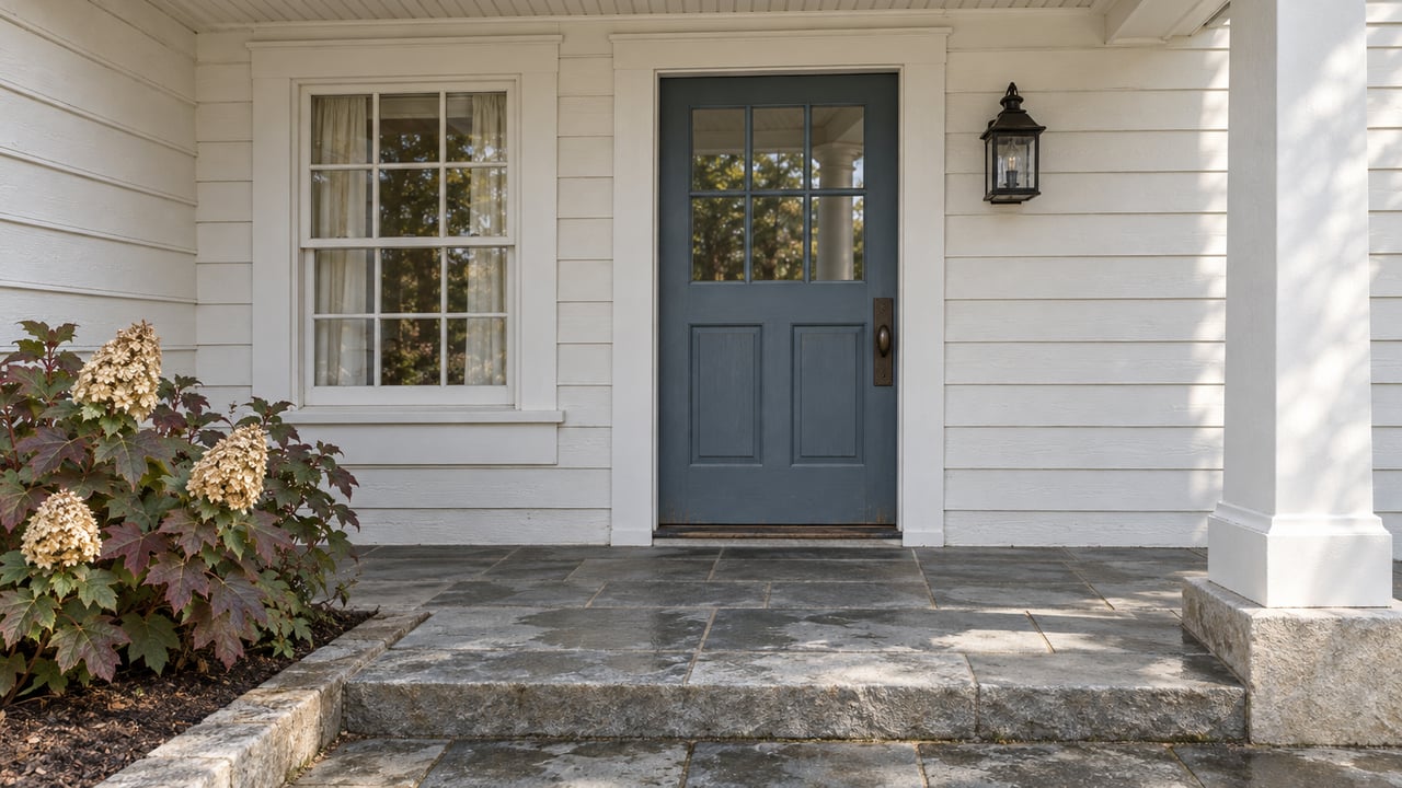 Covered residential entry with blue-gray glazed door, white clapboards, beadboard ceiling and worn blue-gray stone steps beside oakleaf hydrangea.