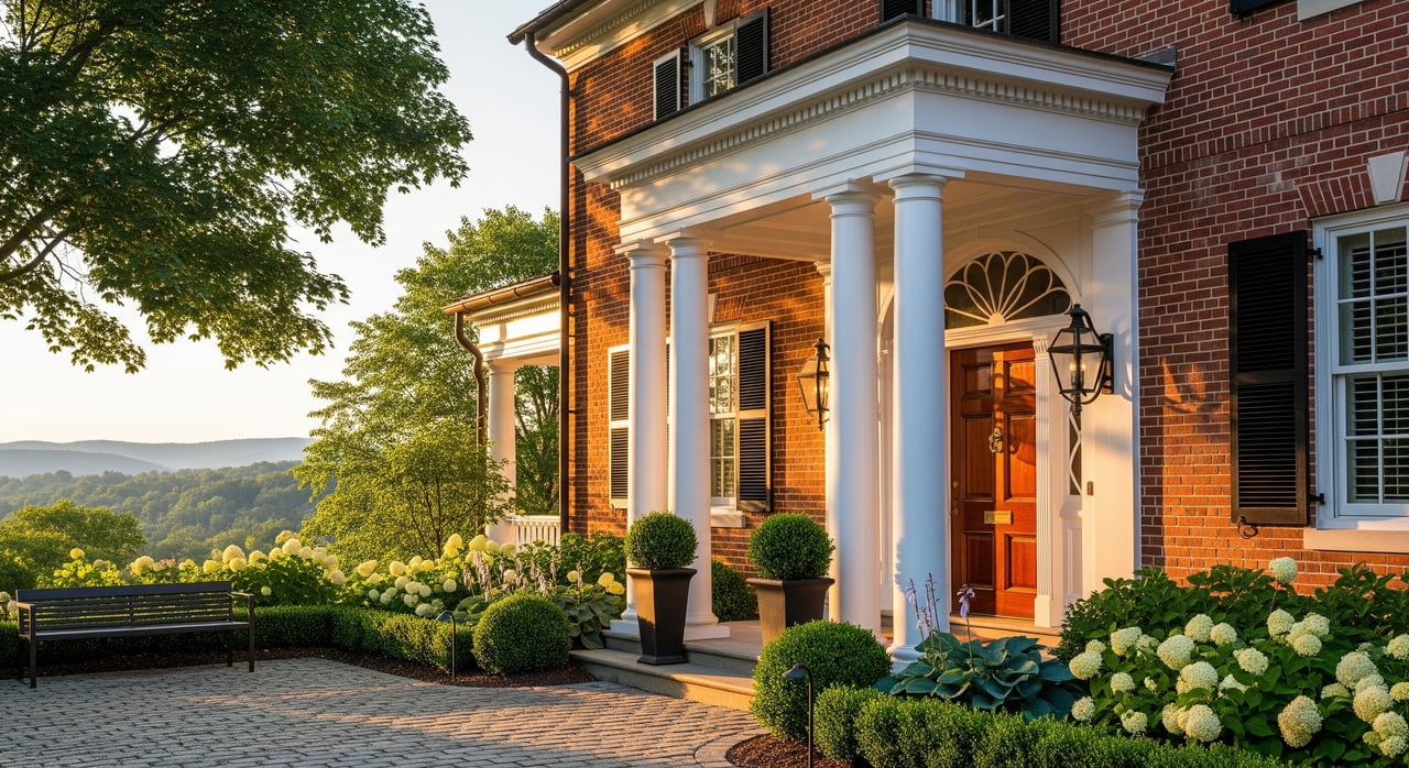 Red-brick house with a white-columned porch, hydrangeas, and a garden bench overlooking wooded hills.