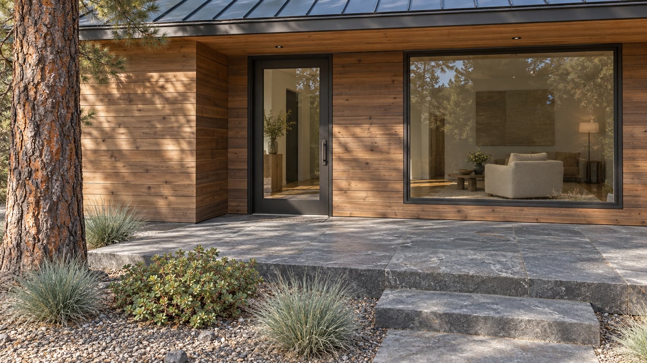 Cedar-clad contemporary home with a glazed entry, basalt terrace and ponderosa pine beside a dry planted bed.