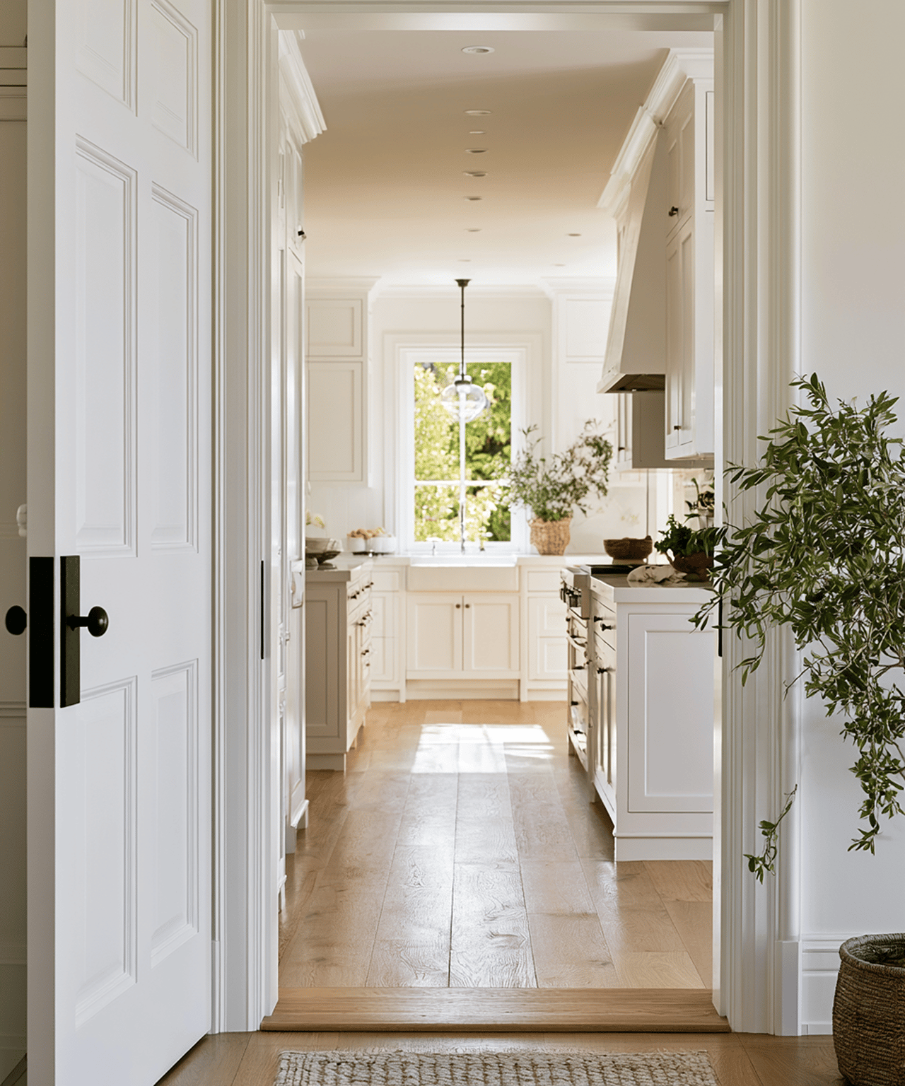 Bright white kitchen with paneled cabinetry, light wood floors, and leafy plants beside the island.