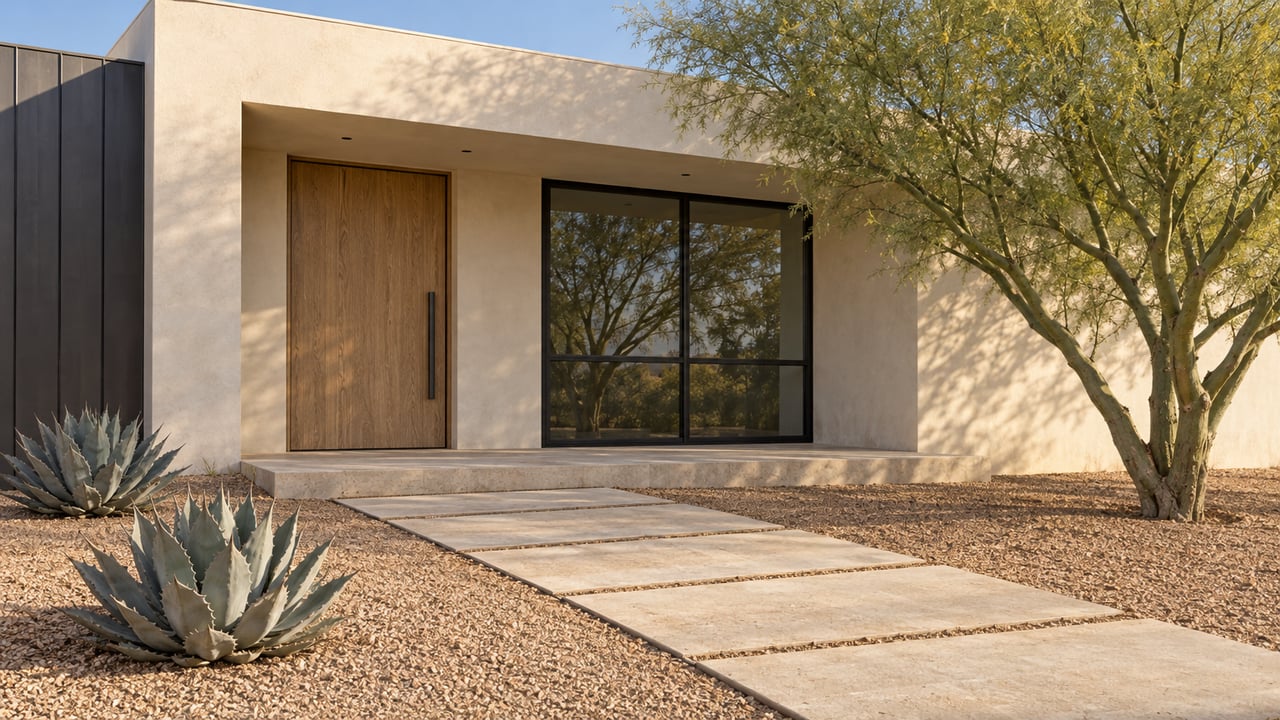 Warm stucco home with a recessed oak entry, black-framed glazing and a broad paved approach bordered by sculptural desert planting.
