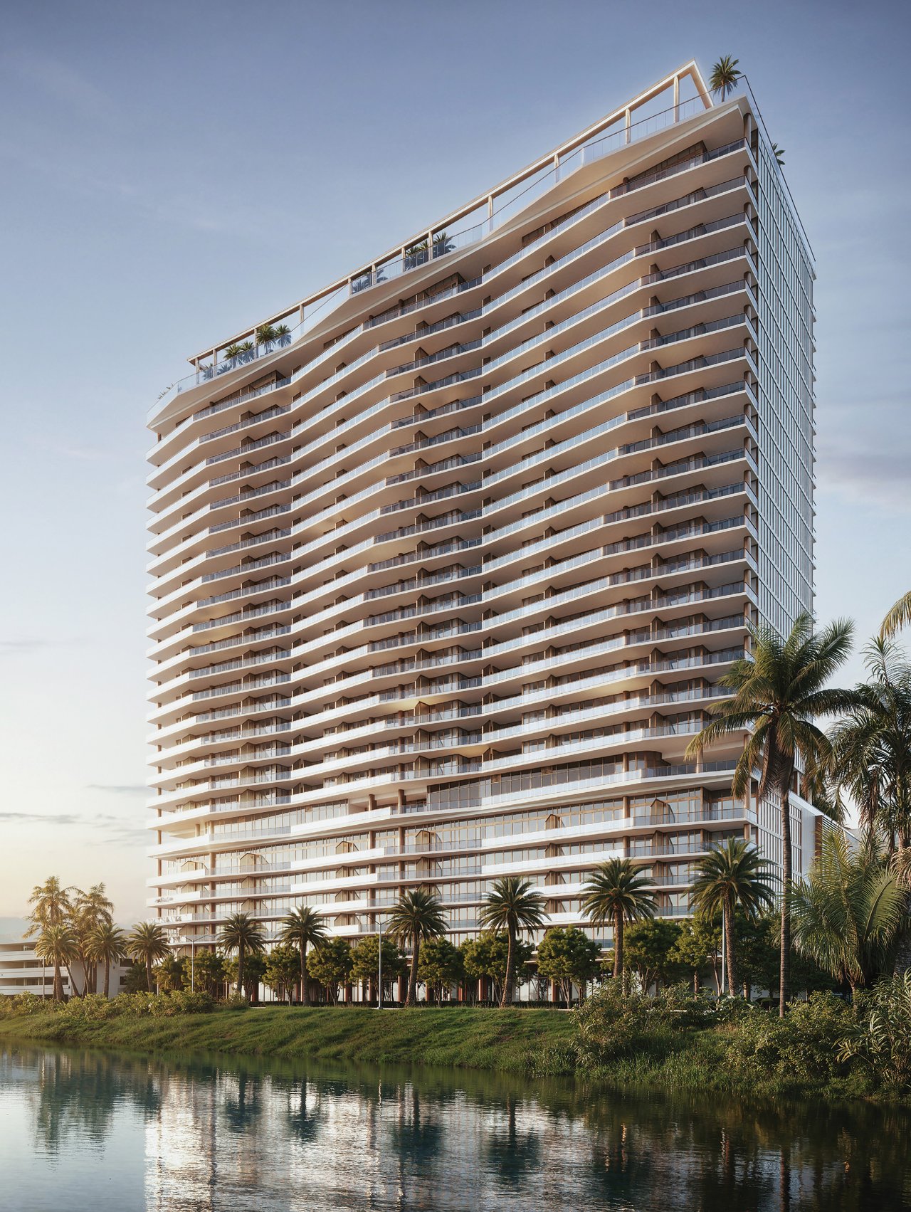 The Berkeley condominium tower with layered balconies beside a palm-lined reflecting waterway.