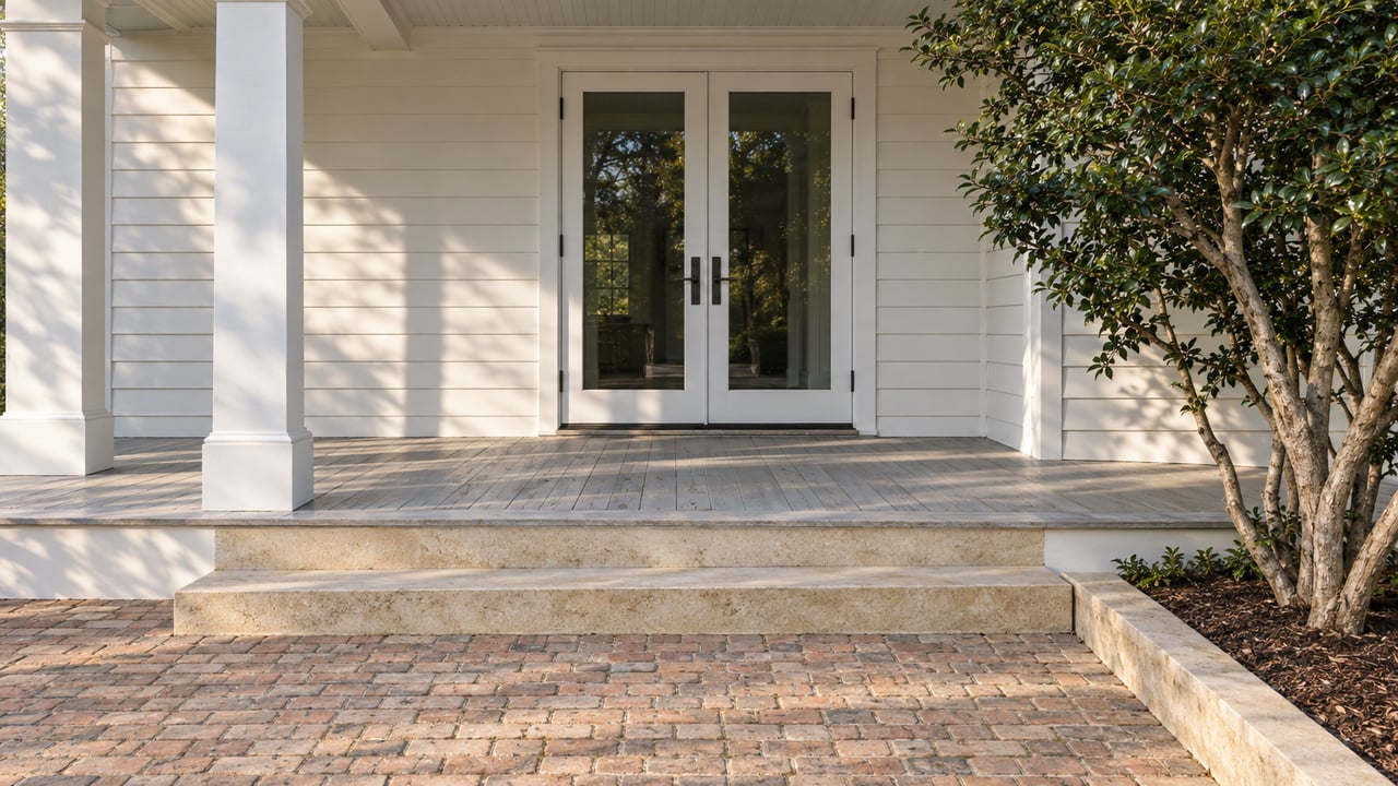 White clapboard porch with glazed double doors, limestone steps, a buff-brick approach, and one sculptural yaupon holly.