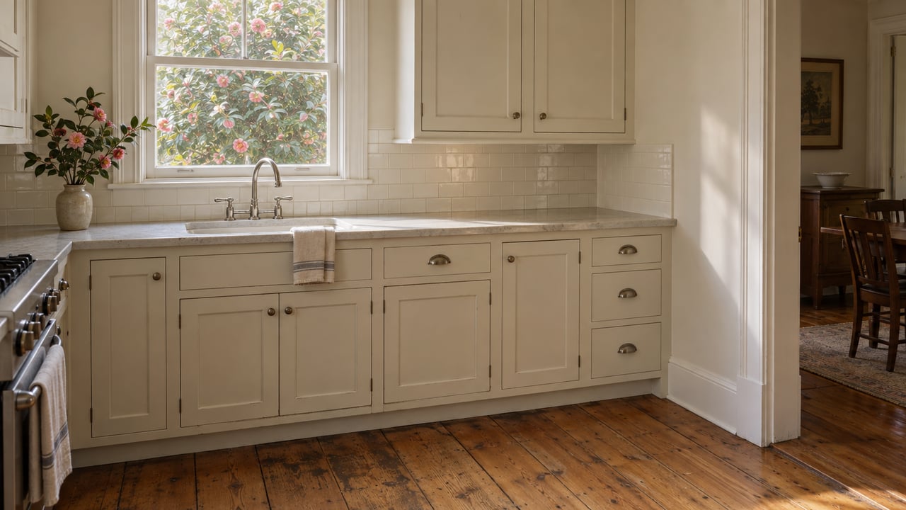 Compact kitchen with cream cabinets, a sink beneath a double-hung window, and worn pine flooring.